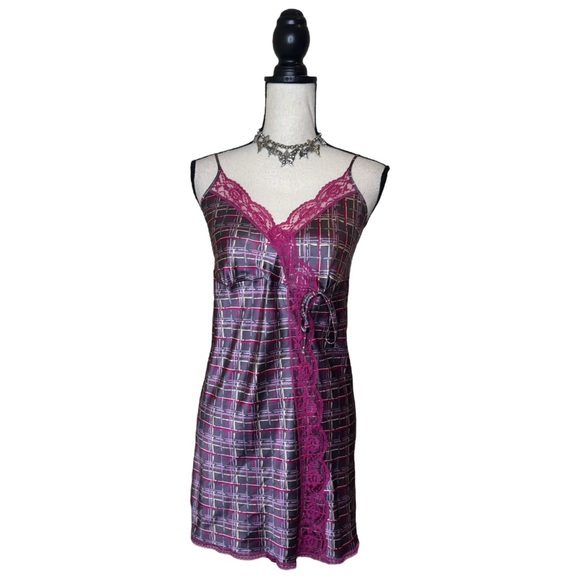 Y2K Victoria’s Secret Purple + Pink Plaid Lace Babydoll Slip Dress Size Large - Picture 1 of 8